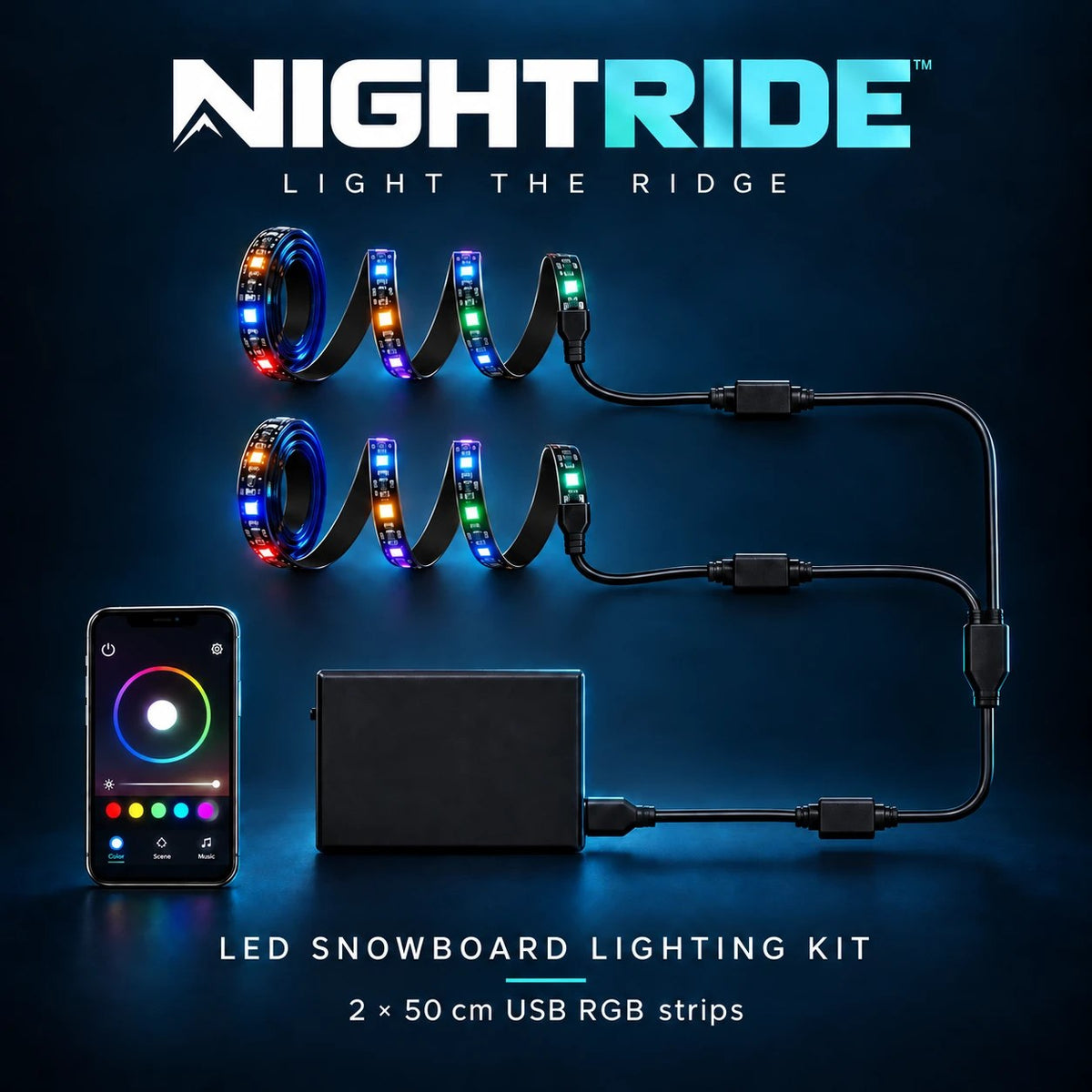 What’s in the box: two 50 cm USB RGB LED strips, the control box, splitter cable and the HappyLighting app
