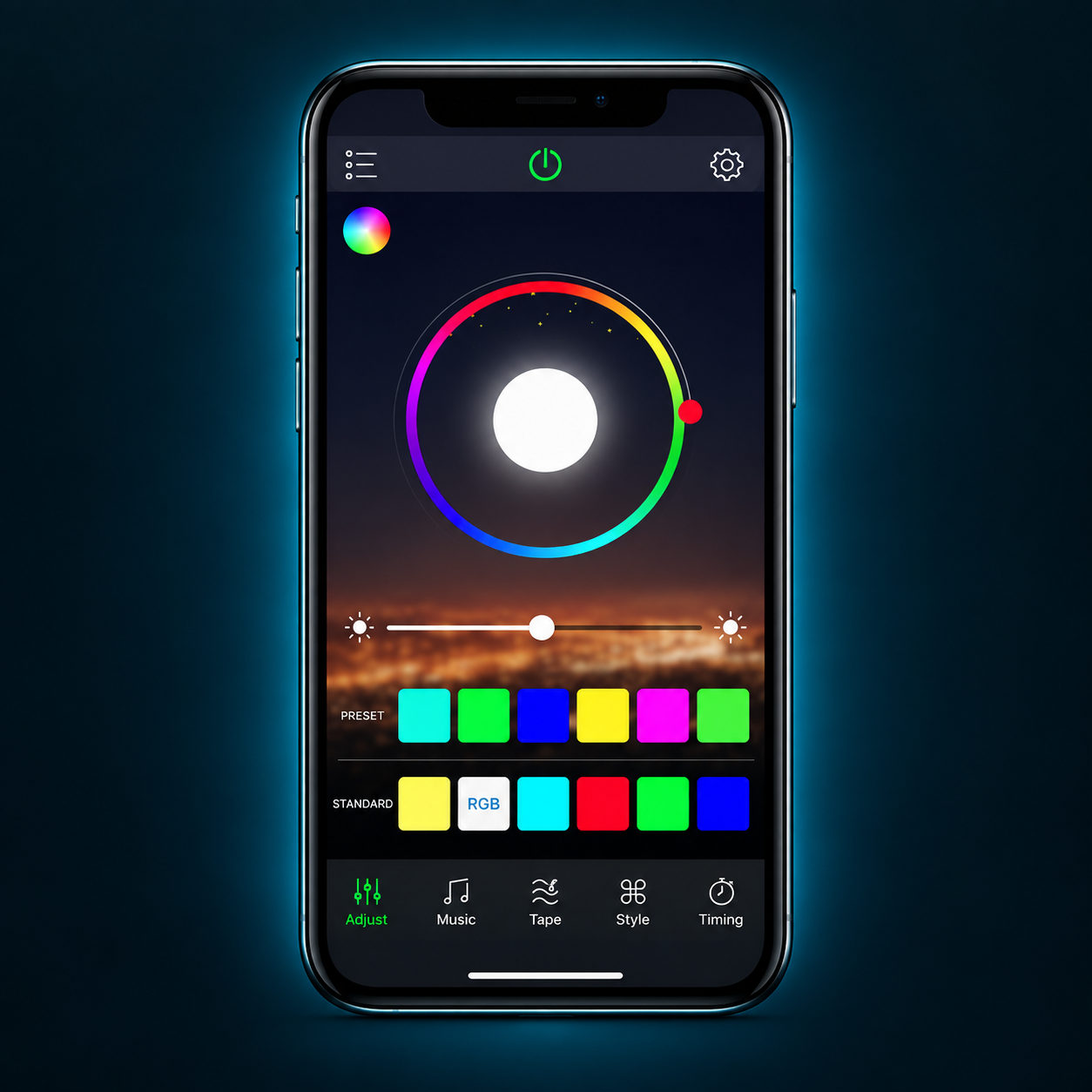 HappyLighting color wheel displayed on a phone