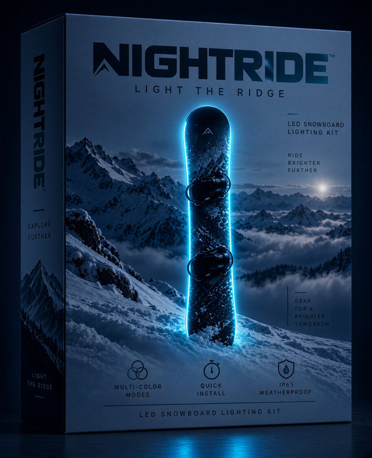 NIGHTRIDE LED snowboard lighting kit box, the board edges glowing cyan