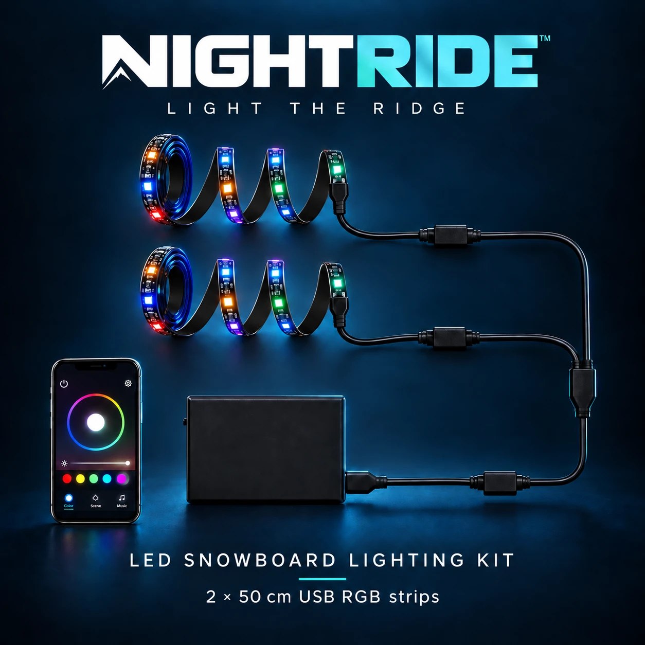 What’s in the box: two 50 cm USB RGB LED strips, the control box, splitter cable and the HappyLighting app