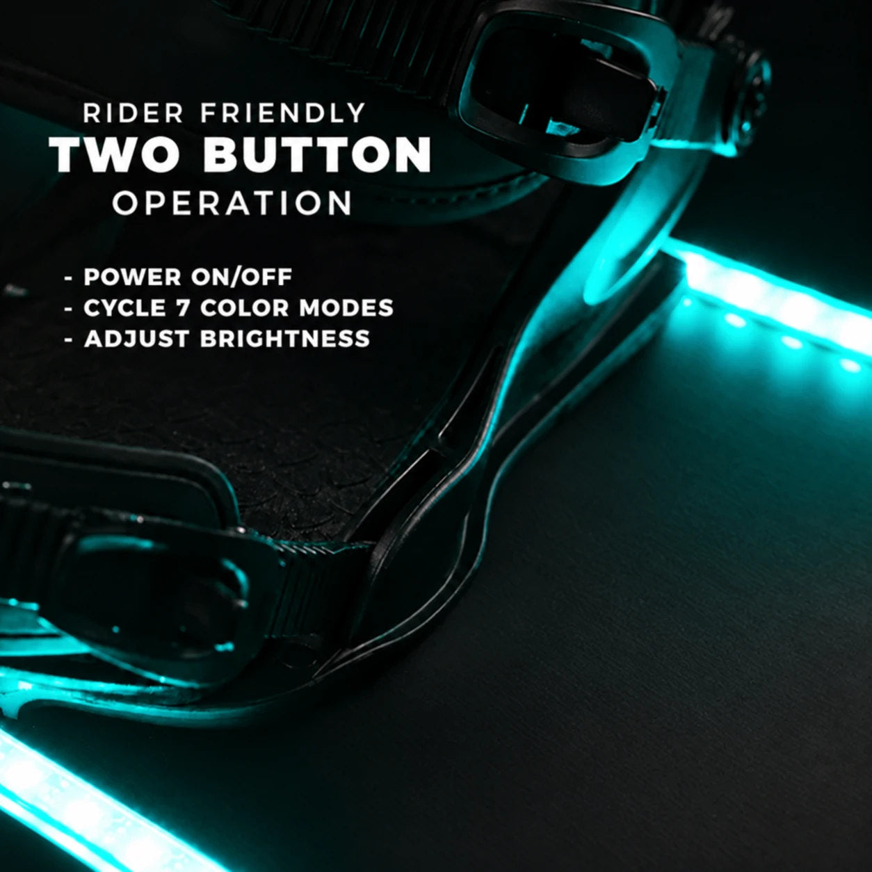 Rider-friendly two-button operation: power on/off, cycle 7 color modes, adjust brightness