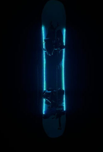 Snowboard glowing with cyan LED strips in the dark, supplied with John F.’s review